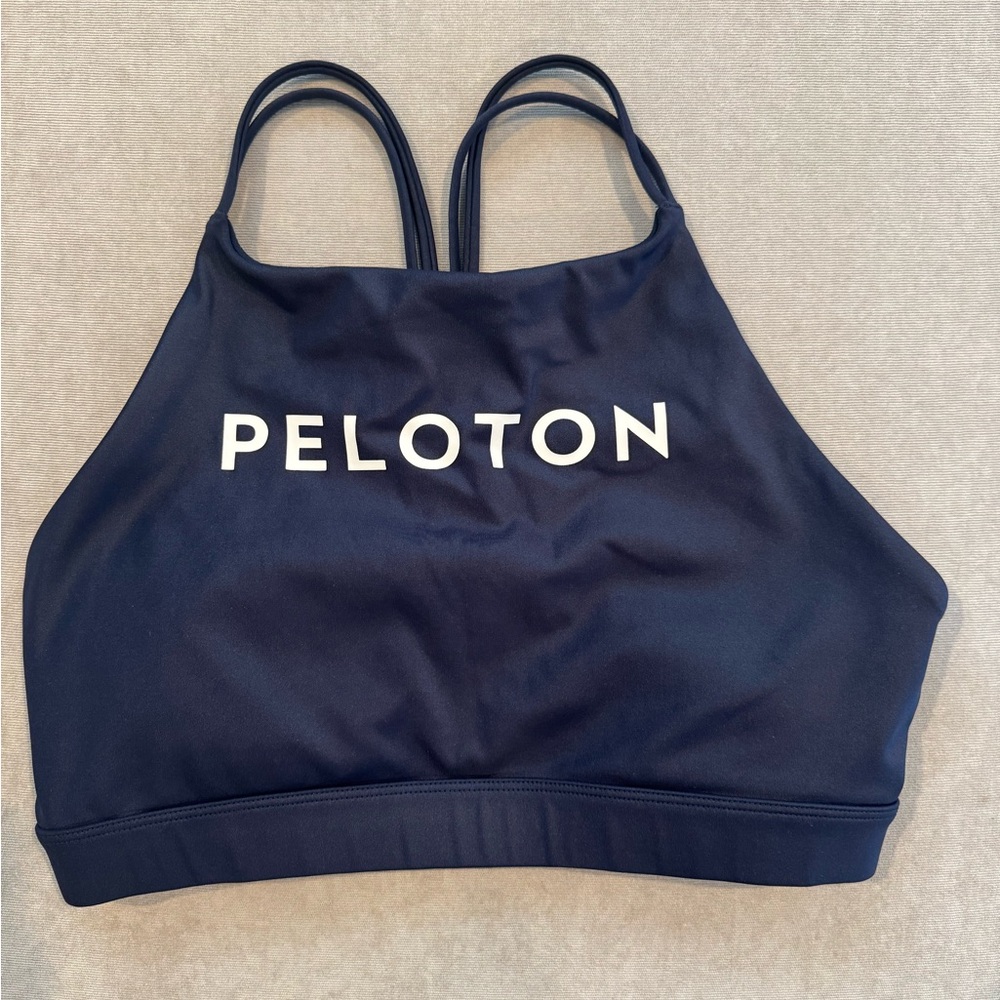 High neck shiny navy blue peloton sports bra
